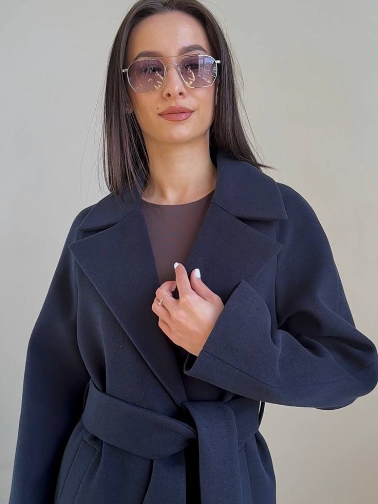 Довге демісезонне пальто Мілана кашемір темно-синє - kovash.com.ua 04