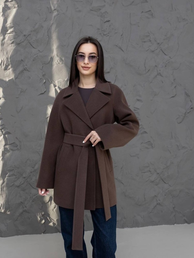 Вкорочене демісезонне шоколадне пальто Міланка з кашеміру - kovash.com.ua 02