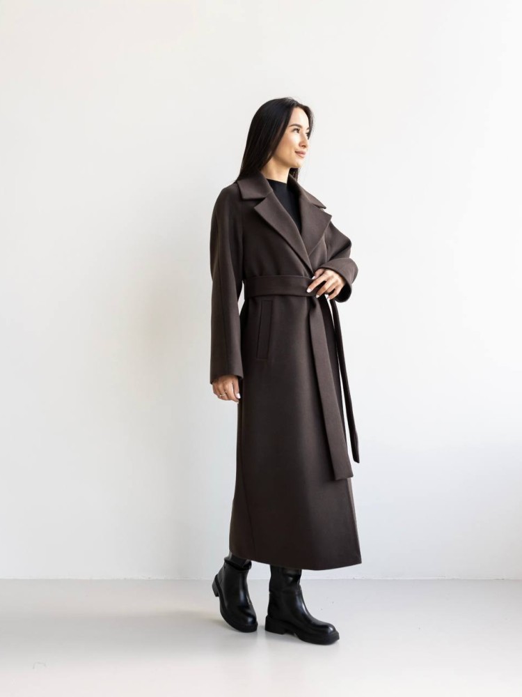 Довге демісезонне пальто Мілана кашемір темний шоколад 46 - kovash.com.ua 