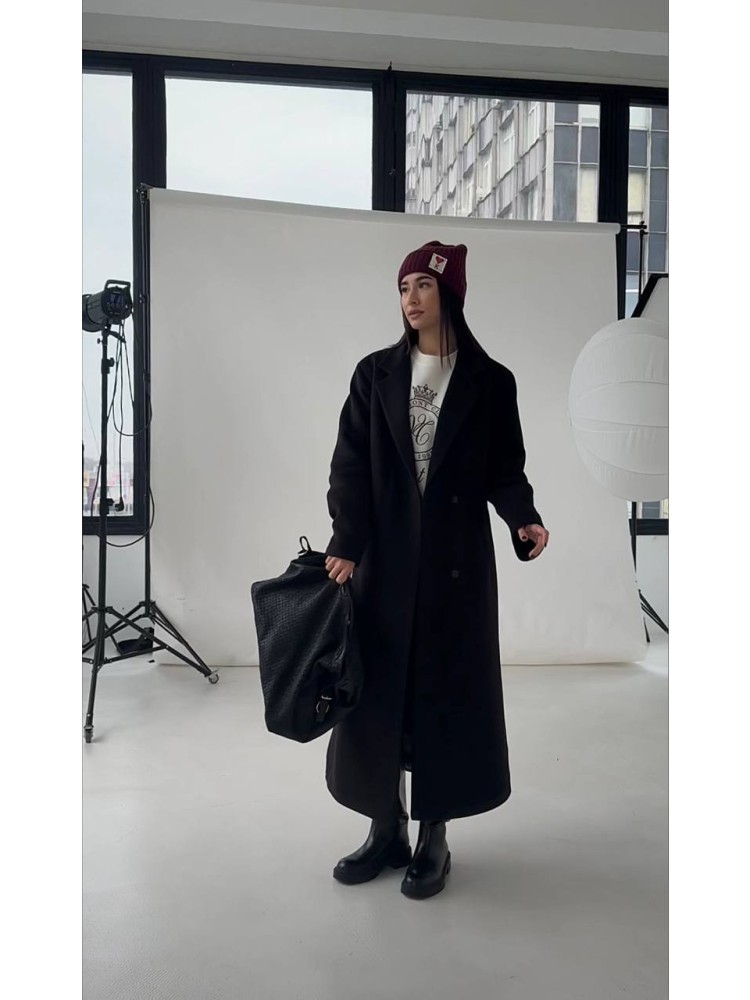 Довге пальто Текіла з розрізами чорний кашемір - kovash.com.ua 01 