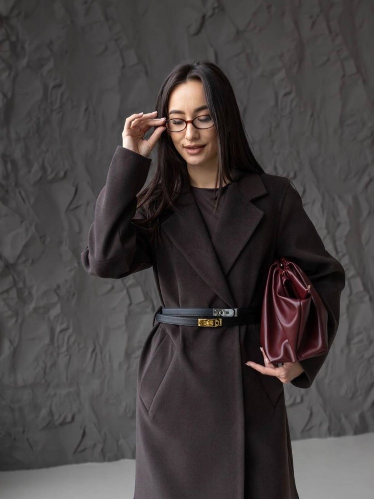 Довге пальто Текіла з розрізами  кашемір темного шоколаду - kovash.com.ua 