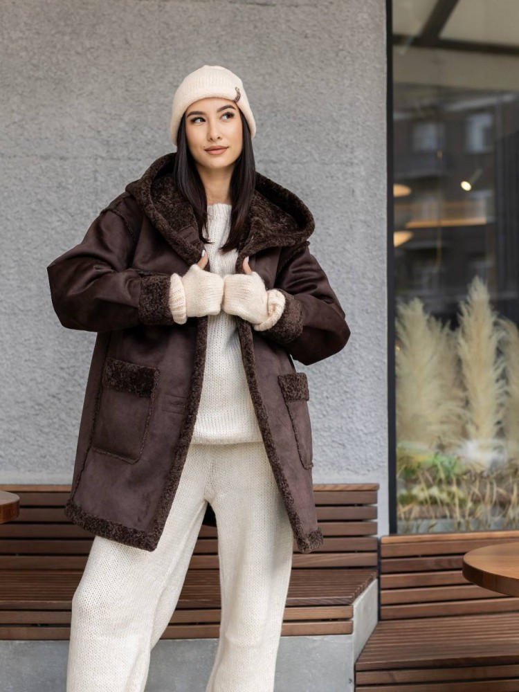 Двусторонняя дублёнка Исландия с капюшоном шоколад 42 - kovash.com.ua 01 