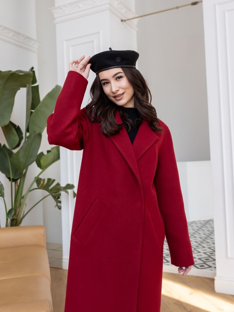 Пальто на запах довжини міді Текіла рубін 48 - kovash.com.ua 