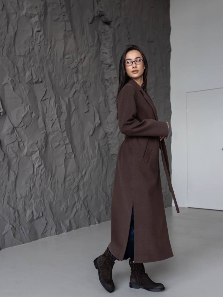 Довге пальто Текіла з розрізами шоколадний кашемір 52 - kovash.com.ua 