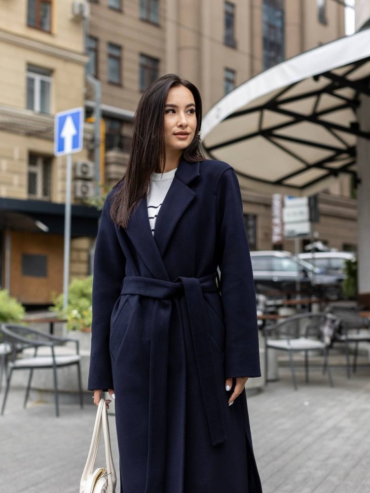 Довге пальто Текіла з розрізами темно-синій кашемір 44 - kovash.com.ua 