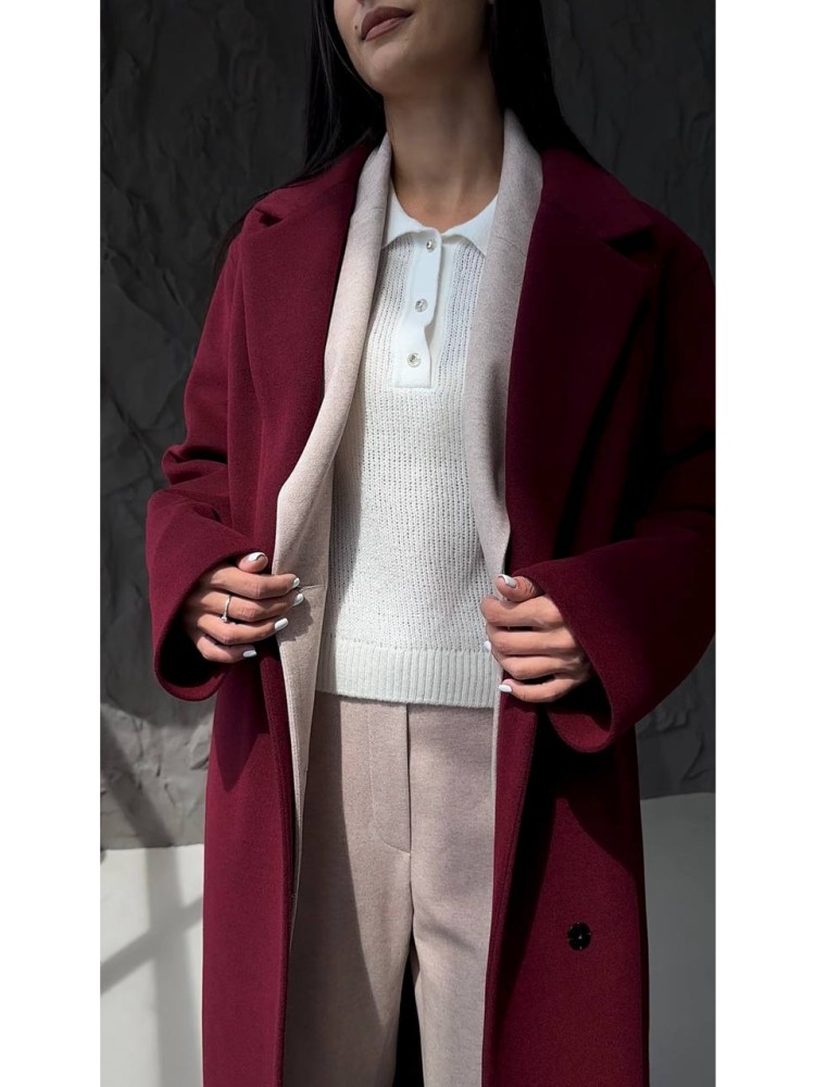 Довге Пальто Текіла меланж бордо на запах з розрізами 50 - kovash.com.ua 