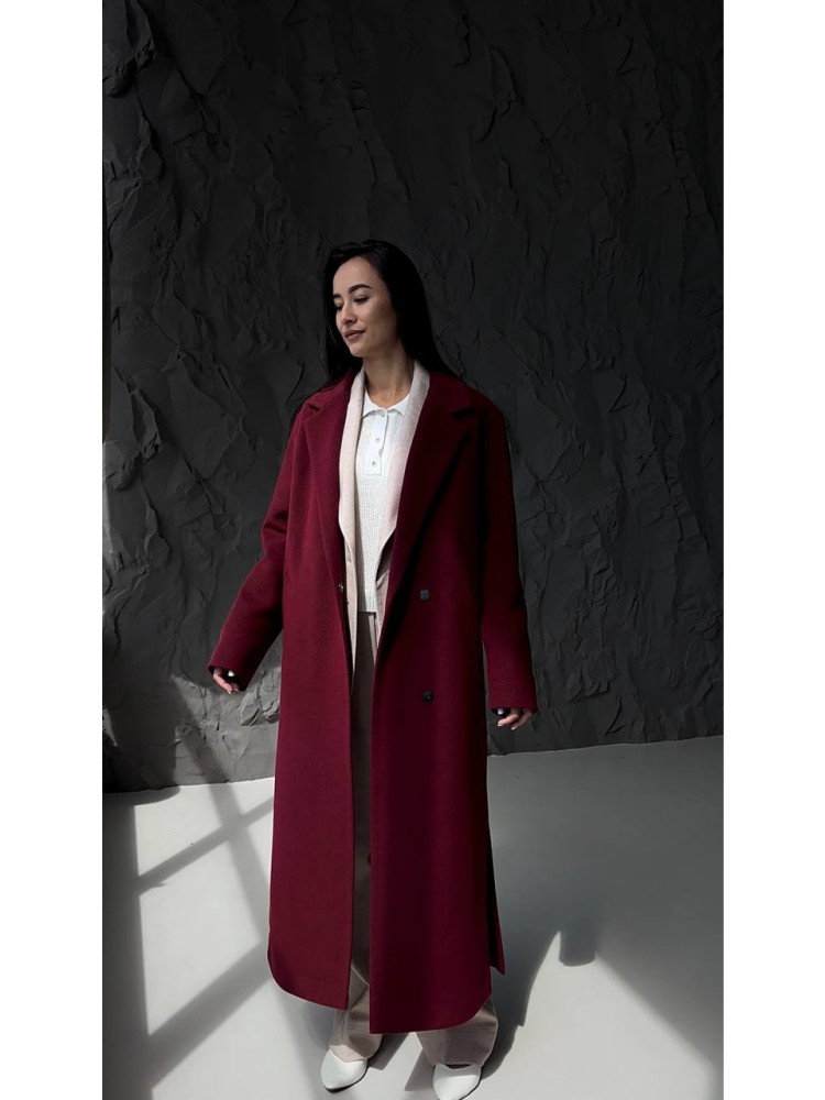 Довге Пальто Текіла меланж бордо на запах з розрізами 56 - kovash.com.ua 01 