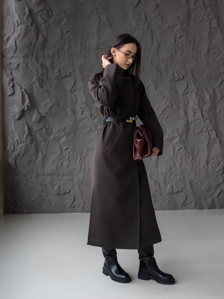 Довге пальто Текіла з розрізами  кашемір темного шоколаду 52 - kovash.com.ua 01 