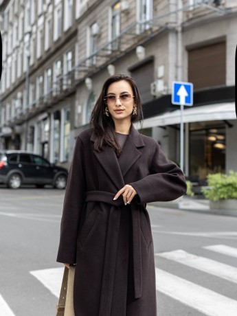 Длинное пальто Текіла горький шоколад на запах с разрезами - kovash.com.ua 