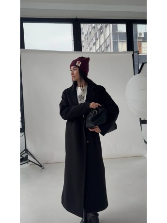 Довге пальто Текіла з розрізами чорний кашемір - kovash.com.ua 