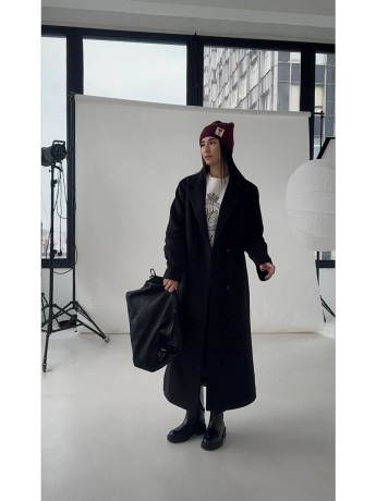 Довге пальто Текіла з розрізами чорний кашемір - kovash.com.ua 