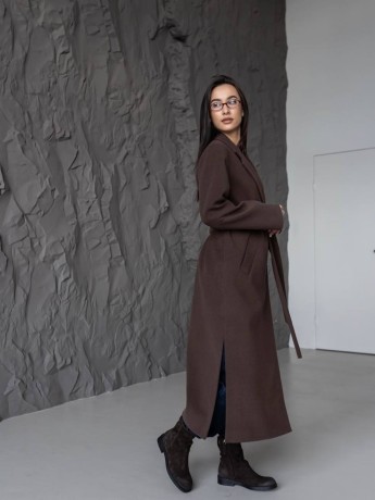 Довге пальто Текіла з розрізами шоколадний кашемір - kovash.com.ua 