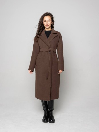 Demi-season Iris coat in chocolate color, midi length.