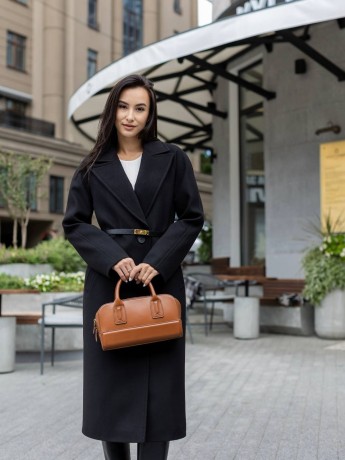 Demi-season Iris coat in black color, midi length.